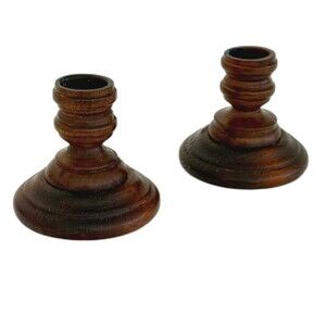 Vintage Turned Wood Candle Holders Set of 2 Wood Taper Candlesticks 3" Tall